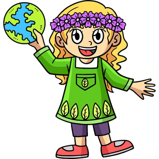 Earth Day Girl In Forest Cartoon Colored Clipart