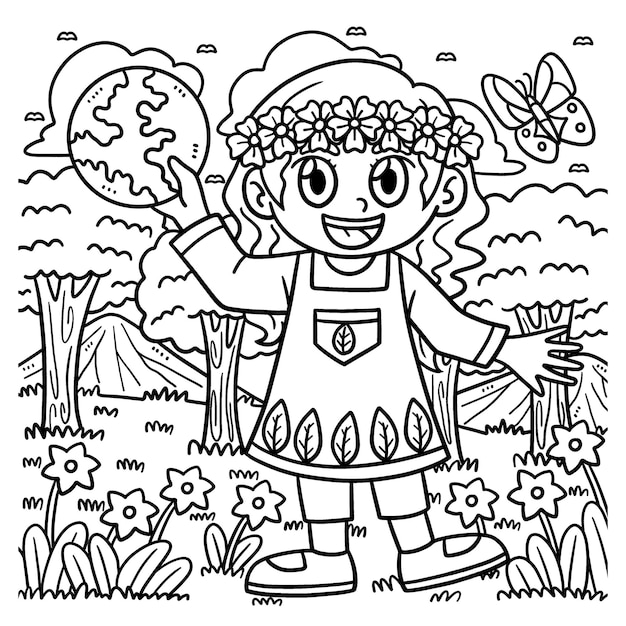 Earth Day Girl In Forest Coloring Page for Kids