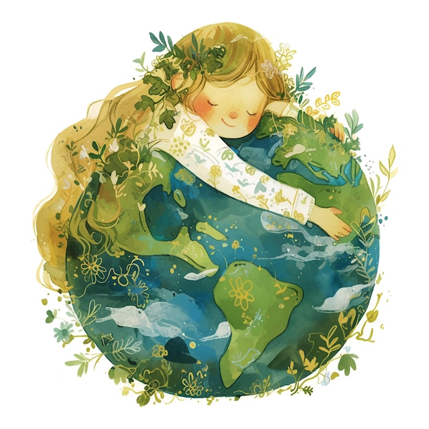 Vector earth day girl is hugging a globe with a green and brown background the girl is sleeping and the globe is covered in plants