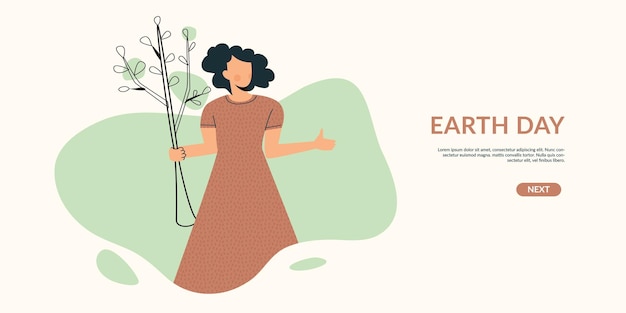 Earth day and green ecology volunteer community vector illustration for landing page or banner Woman with plant save environment and care about nature Template for eco card and voluntary project