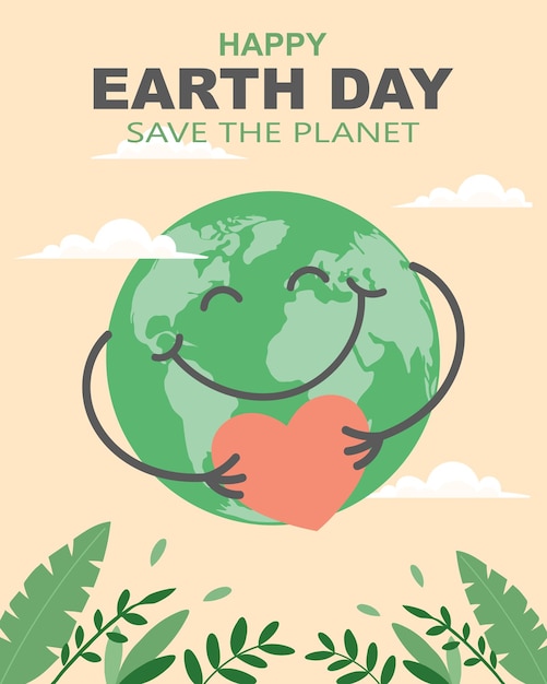 Earth Day greeting card with cute Earth holding heart