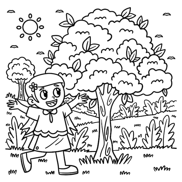 Earth Day Happy Girl in a Tree Coloring Page