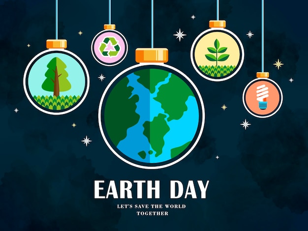 Vector earth day illustration with earth, recycle, plant and power symbols, night sky background