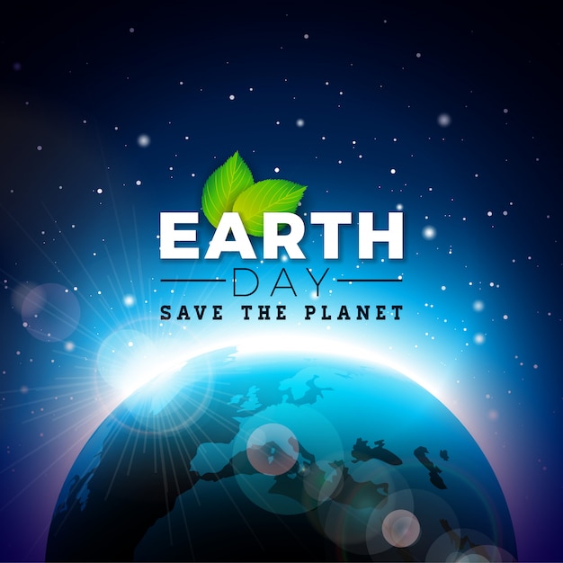 Vector earth day illustration with planet and green leaf.
