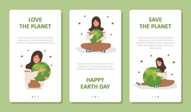 Earth day illustrations Set of vector posters Cute arabian girl hugs Planet with care and love Perfect for web design business presentation marketing and social media