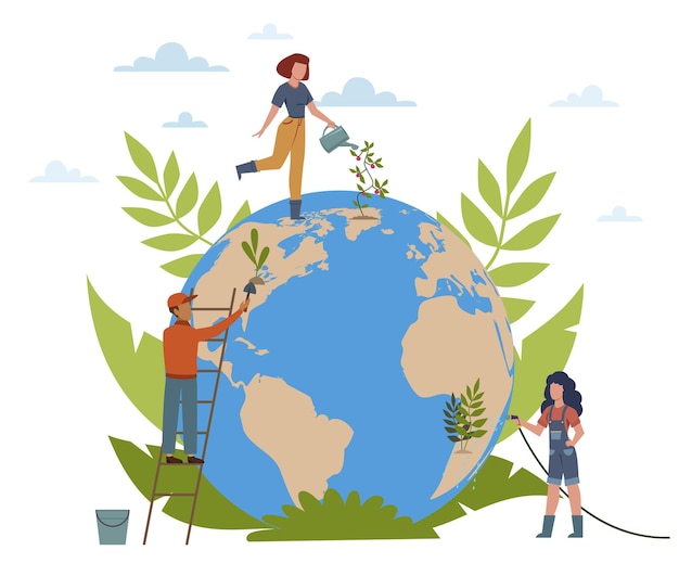 Vector earth day. people care about ecology of planet, plant trees, water flowers, women and man with globe, protect and save world modern concept flat vector cartoon isolated illustration