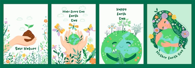 Set di cartoline o poster per la giornata della terra grafica vettoriale