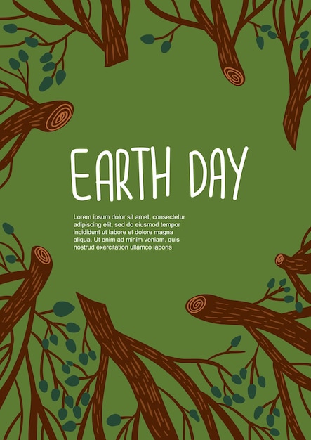 アースデイのポスター。世界環境デー。伐採された木、切り株。保護、生態保全