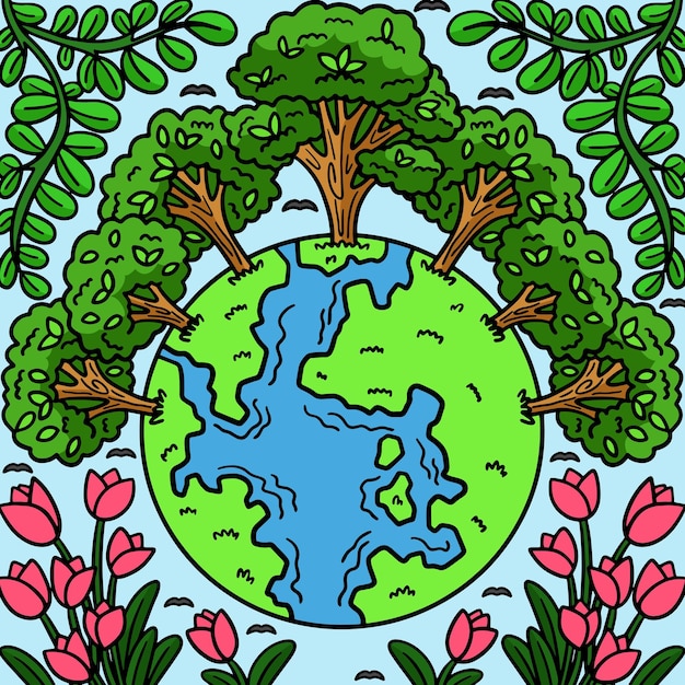 Vector earth day trees crowning earth colored cartoon