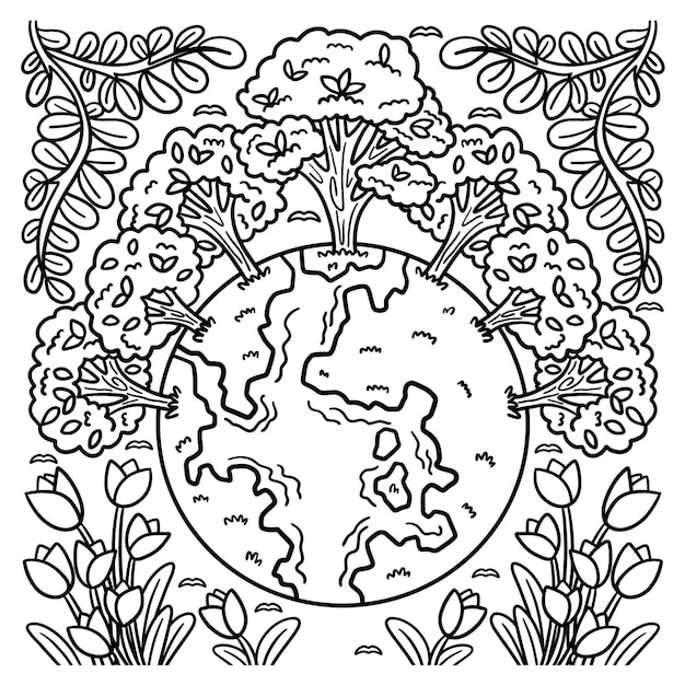 Earth Day Trees Crowning Earth Coloring Page