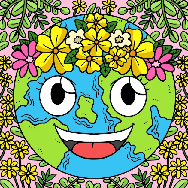 Earth day with flower crown colored cartoon