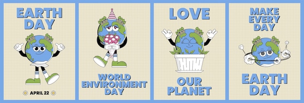 Earth day or world environment day set poster retro earth character cartoon groovy style funky globe flyer with psychedelic smile face vector illustration