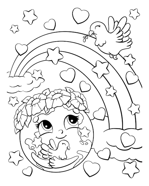 Earth and dove Coloring book page for kids