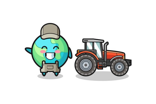 The earth farmer mascot standing beside a tractor cute design