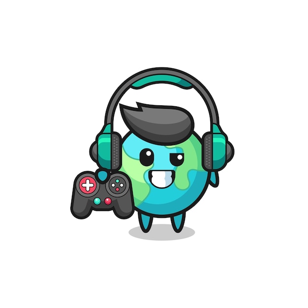 Earth gamer-mascotte met een gamecontroller, schattig ontwerp