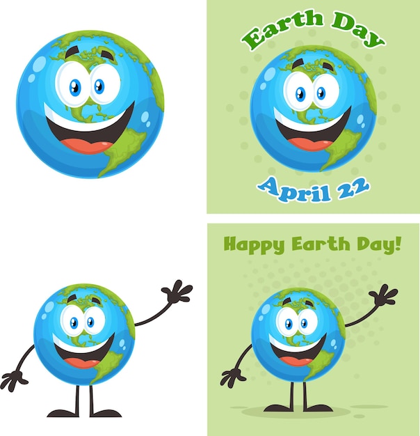 Vector earth globe cartoon character flat design vector collection set isolated on white background