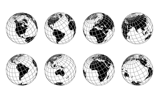 Icone del globo terrestre emisferi terrestri con set di mappe del mondo vettoriali di continenti