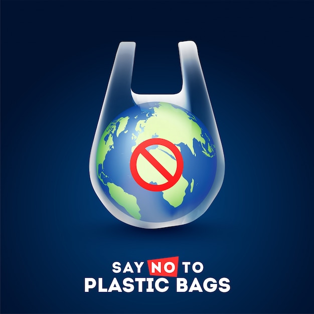 Earth globe in een plastic zak met tekst van zeggen nee tegen plastic zakken