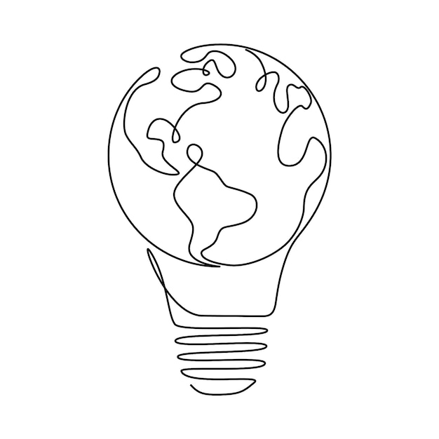1つの連続した線画の電球内の地球儀。エコイノベーションのベクトルコンセプト、グリーンエネルギーのアイデア、シンプルな落書きスタイルの電気によるグローバルソリューション。編集可能なストローク