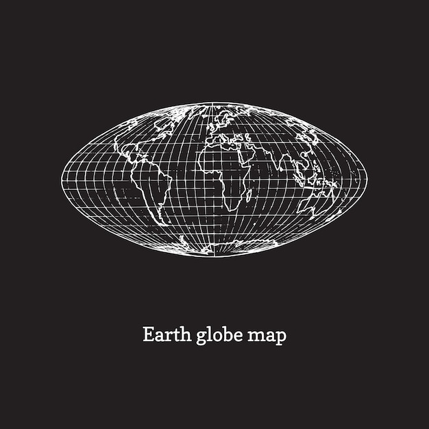 Illustrazione della mappa del globo terrestre su sfondo nero schizzo disegnato nel vettore