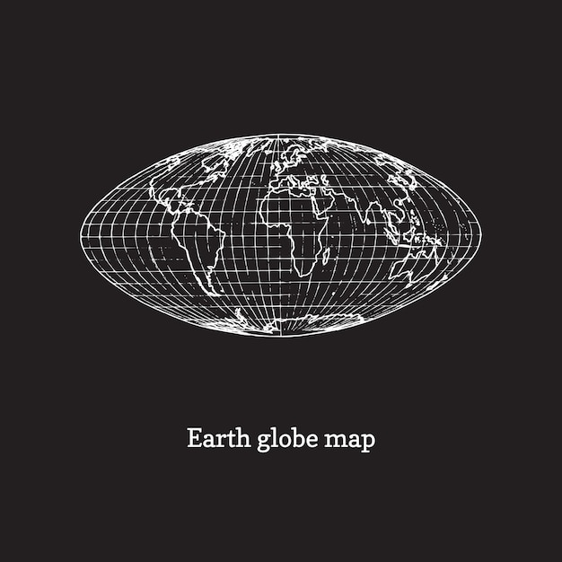 Earth globe map illustration on black background drawn sketch in vector