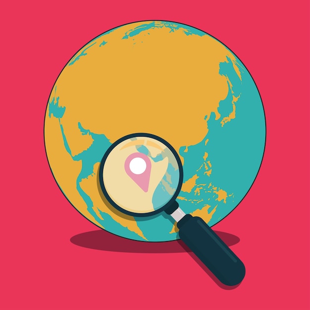 Earth globe map pointer and magnifying glass vector illustration