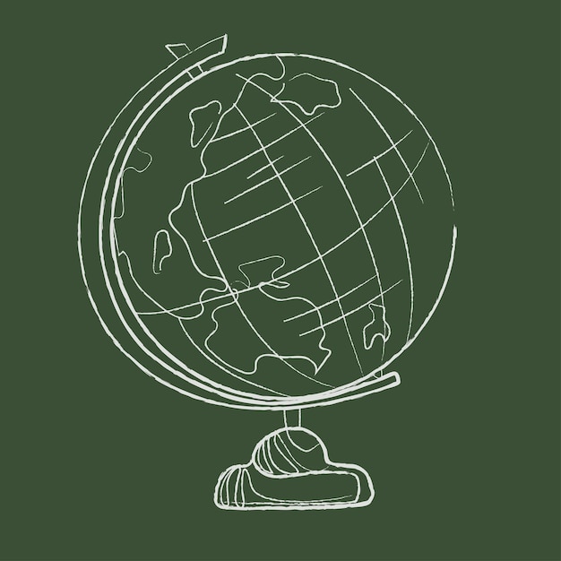 녹색 분필 보드, 윤곽선 벡터 그림에 그려진 지구 지구본 모델 모방. 교육 장비