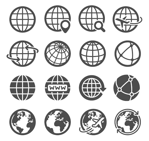 Earth globe pictogrammen. Wereldwijd kaart bolvormige planeet, aardrijkskunde continent contour, wereld baan wereldwijde communicatie toerisme logo vector symbolen. Zoeken op internet, pictogrammen voor vliegende vliegtuigen