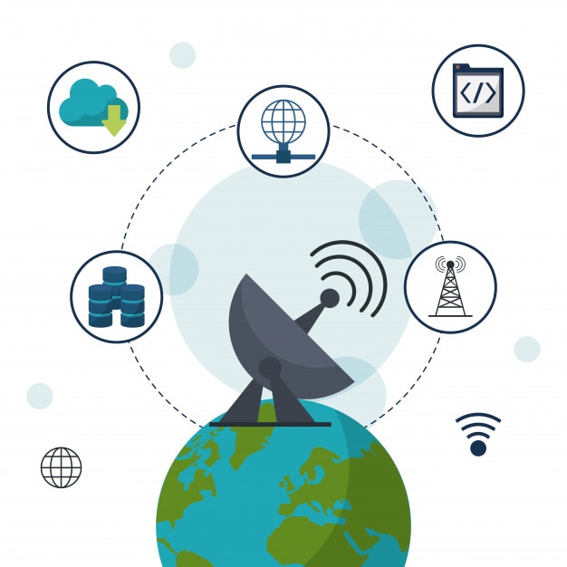 Globo terrestre con icone di comunicazione di rete e antenna