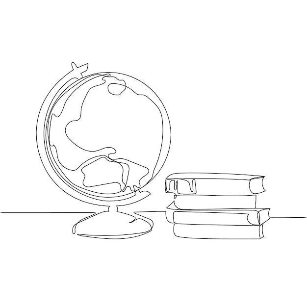 Земной шар со стопкой книг. Непрерывный вектор рисования одной линии. Концепция образования. Обратно в школу