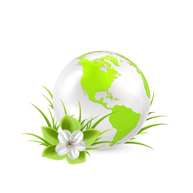 Вектор Земной шар с цветком и травой на белом фоне, иллюстрация.