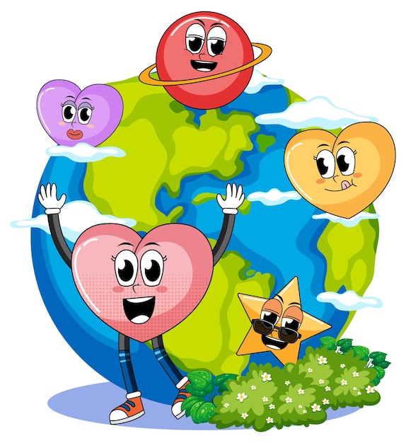 Vector earth globe with funny cartoon characters