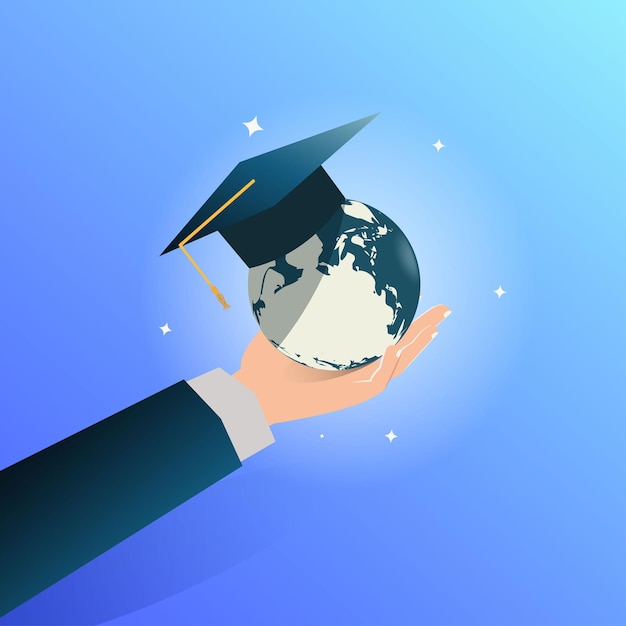 Vector earth globe with graduation cap in hand design vector