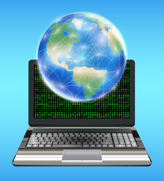 Vector earth globe with network line  floating on laptop