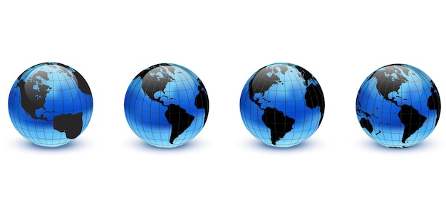 Earth globes 3d blauw en zwart set, verschillende weergaven