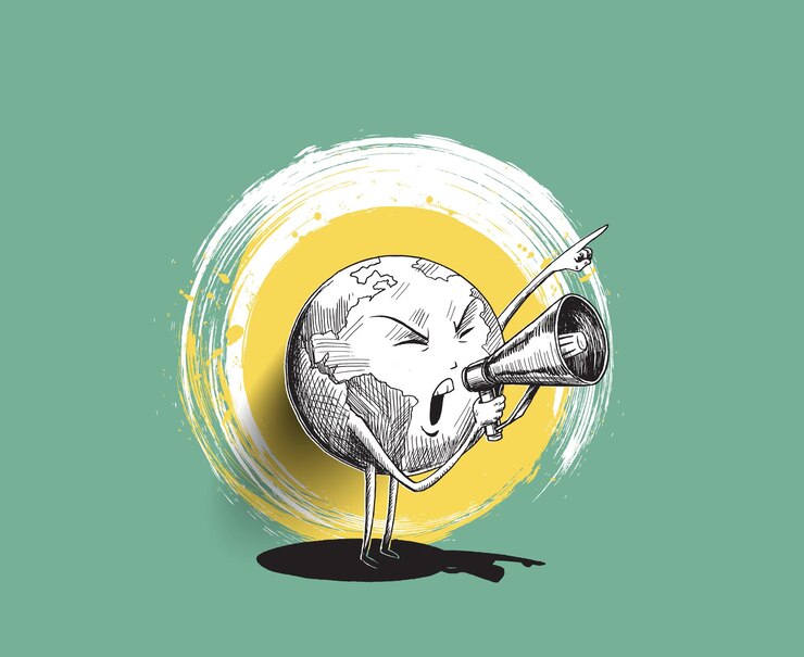 वेक्टर earth hand holding megaphone. concept for social networks, promotion and advertising. hand draw sketch design vector illustration.