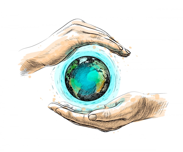 Vector earth between hands representing environment conservation, hand drawn
