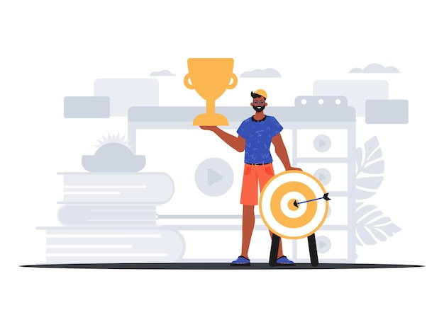 Vector the earth holds the achiever 's cup in his domesticate pull achiever concept trendy style vector illustration