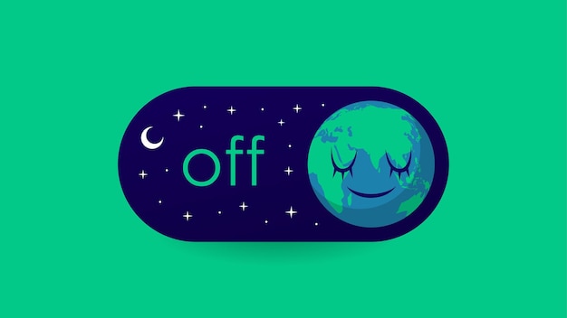 Earth hour banner template with sleeping globe on off electricity switch illustration