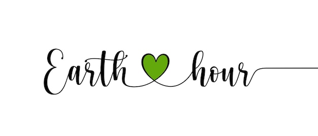 Earth hour continuous one line calligraphy with heart symbol on white background