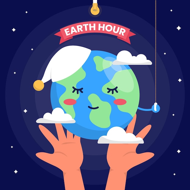 earth hour illustration with planet sleeping and lightbulb