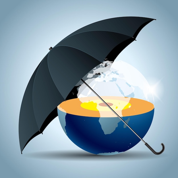 The earth is under an umbrella, Isolated over white background.