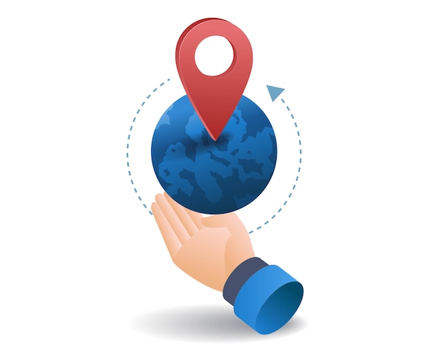 Earth map location pin flat isometric 3d illustration
