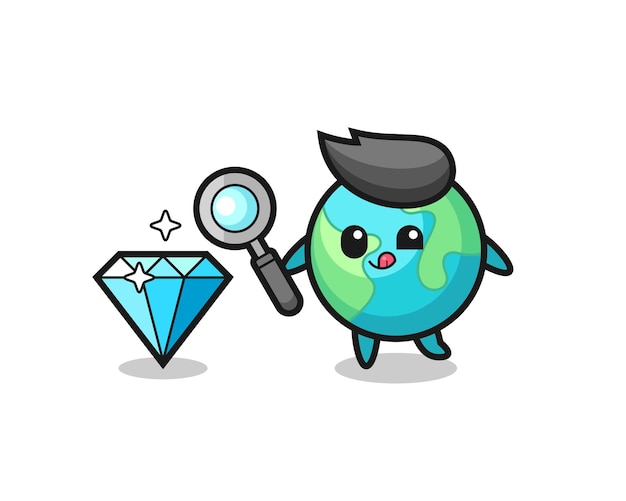 La mascotte della terra sta controllando l'autenticità di un diamante, un design in stile carino per maglietta, adesivo, elemento logo