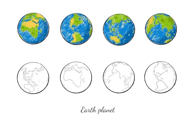 Планета земля рисованной набор в разных представлениях красочные и наброски варианты