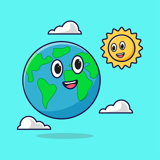 Earth planet smiling with the sun icon cartoon illustration isolated object