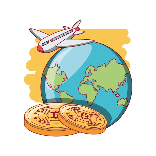 Vector earth planet with bitcoins and airplane