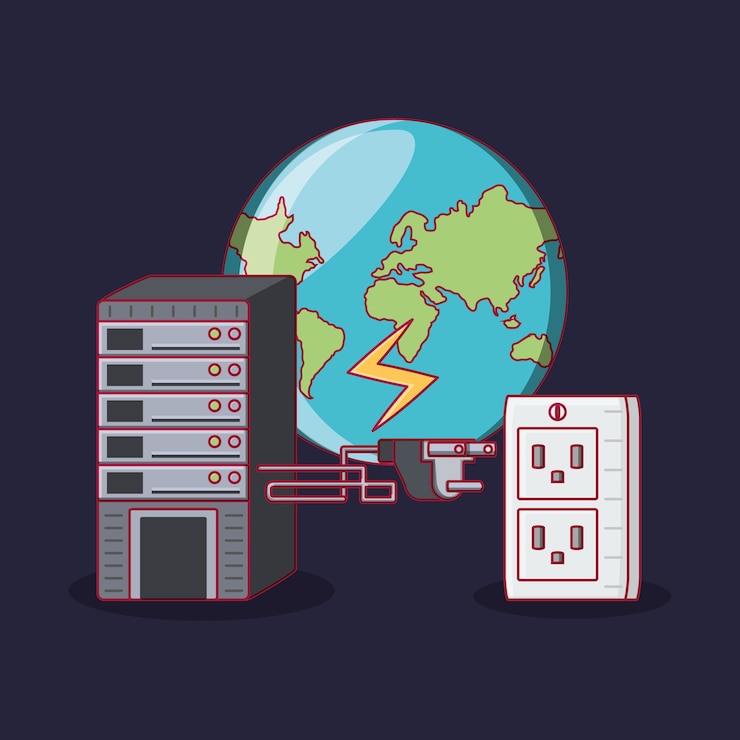 Vector earth planet with data server and energy plug 
