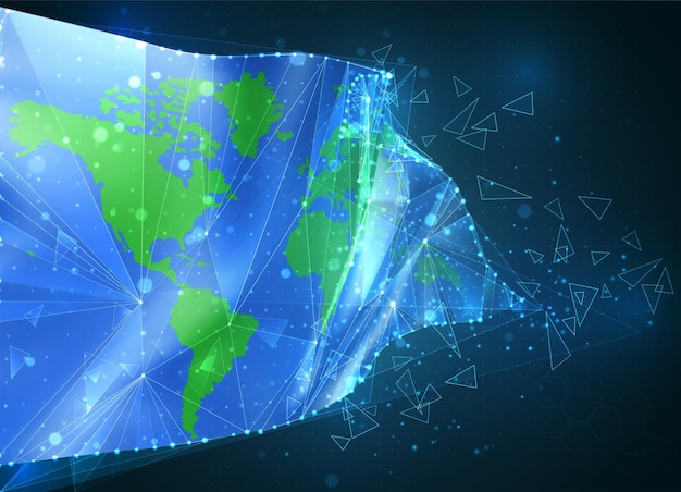 Earth protection flag, virtual abstract 3D object from triangular polygons on a blue background