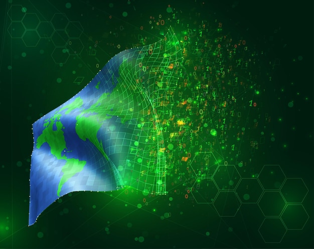 Bandiera 3d di vettore di protezione della terra su sfondo verde con poligoni e numeri di dati